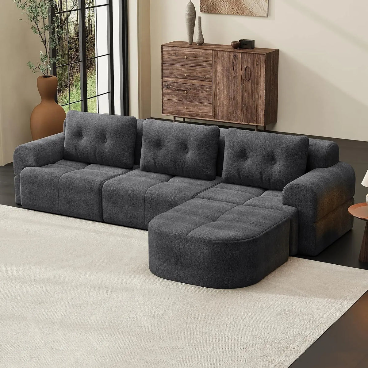 110" Boneless Cloud Sofa with Chaise – 4-Seat L-Shape Modular Sectional in Beige-White
