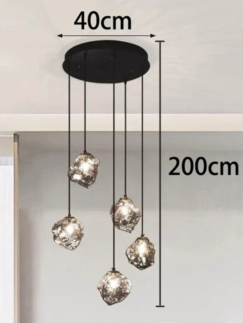 Glass Stone Multi-Head Pendant Chandelier – Dimmable LED, Staircase & Living Room