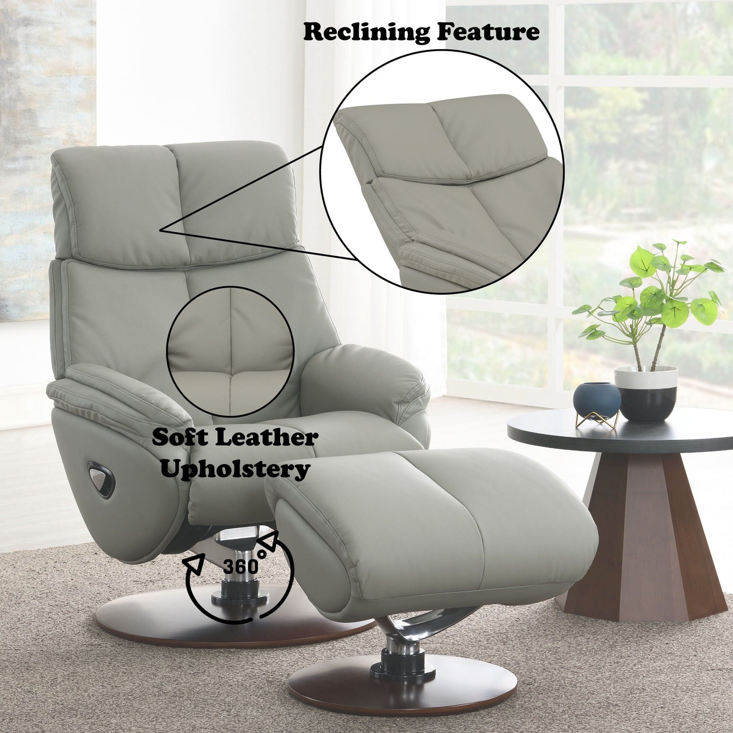 Kandoro Top Grain Leather Accent Chair With Swivel & Ottoman - Gray