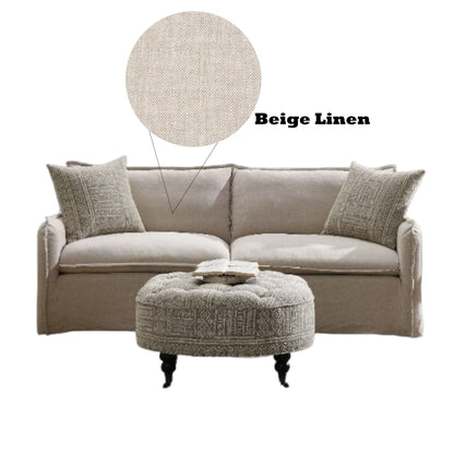 Beige Patterned Linen Sofa with Two Toss Pillows