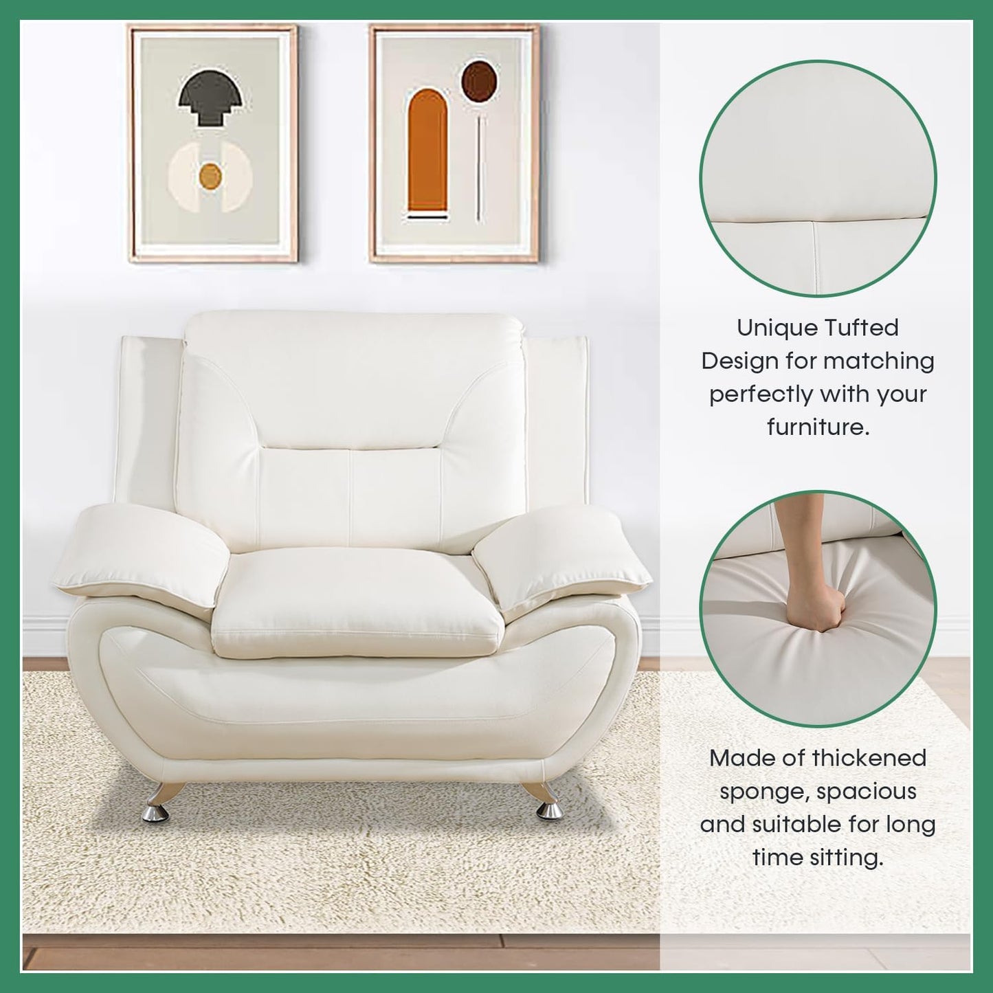 Leather Sofa Set,Leather Sofa Set for Living Room Furniture Sets, Loveseat Sofa with Chair 3-Piece for Living Room/Office/Apartment(White)