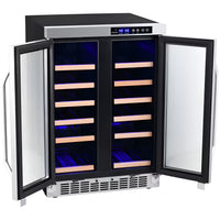 Built-In Dual Zone Wine Cooler Designed for 36 Bottles, French Door Access, Two Temperature Zones, 24 Inch Width