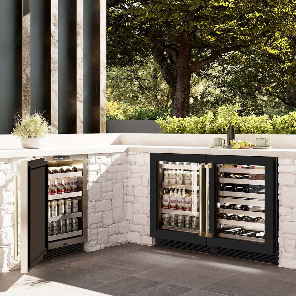 ZLINE 24" Touchstone Dual Zone 44 Bottle Wine Cooler Black Stainless Steel Glass Door Champagne Bronze Handle  RWDOZ-BS-24-CB