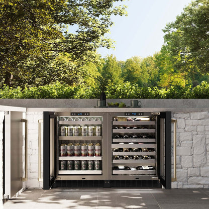 ZLINE 24" Touchstone Dual Zone 44 Bottle Wine Cooler Black Stainless Steel Glass Door Champagne Bronze Handle  RWDOZ-BS-24-CB