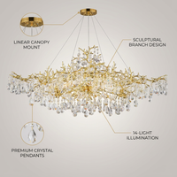14-Lights Gold Luxury Crystal Linear Chandelier, Modern Tree Branch Chandelier for Dinning Room, Kitchen, Living Room — infographic