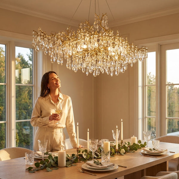 Crystal Chandelier Built to Elevate Any Room, 14 Gold Lights, Tree Branch Design, Modern Linear Style