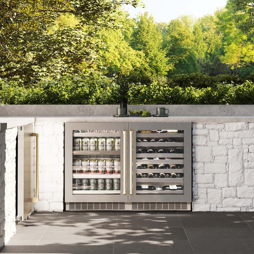 ZLINE 24" Touchstone Dual Zone 44 Bottle Wine Cooler White Matte Glass Door Champagne Bronze Handle RWDOZ-WM-24-CB