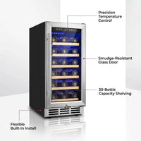 15 In. Single Zone 30-Wine Bottles Beverage and Wine Cooler Wine Cooler in Black — infographic