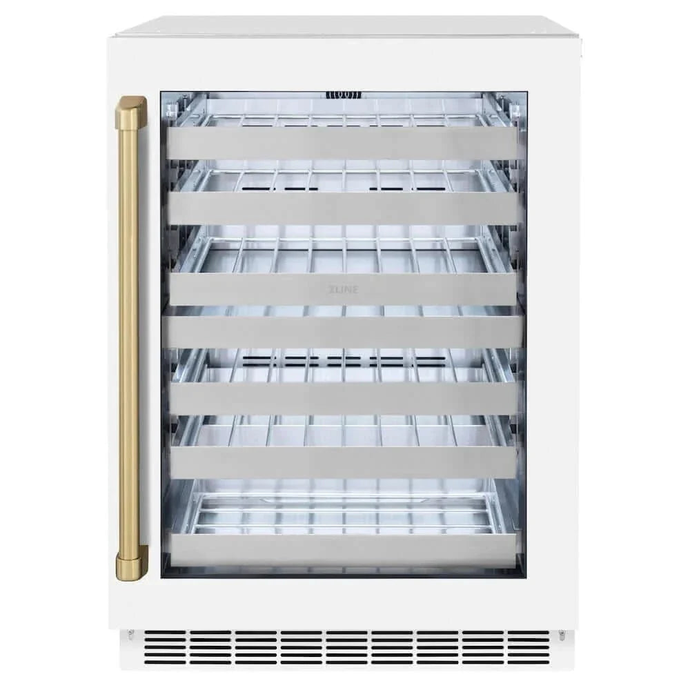 ZLINE 24" Touchstone Dual Zone 44 Bottle Wine Cooler White Matte Glass Door Champagne Bronze Handle RWDOZ-WM-24-CB