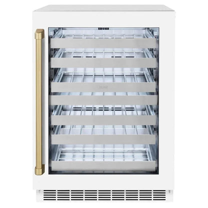 ZLINE 24" Touchstone Dual Zone 44 Bottle Wine Cooler White Matte Glass Door Champagne Bronze Handle RWDOZ-WM-24-CB
