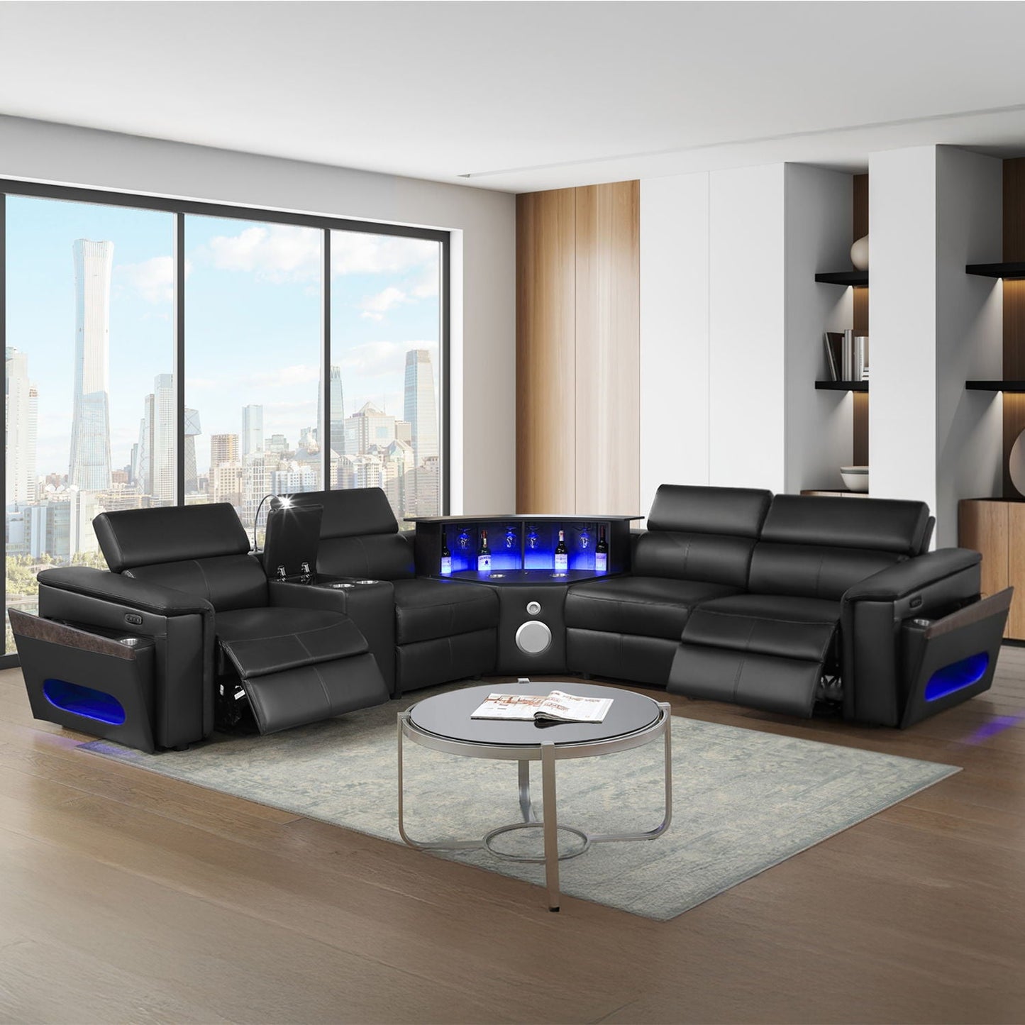Nova - Sectional With Bluetooth Speaker, LED And Lifting Wine Cabinet