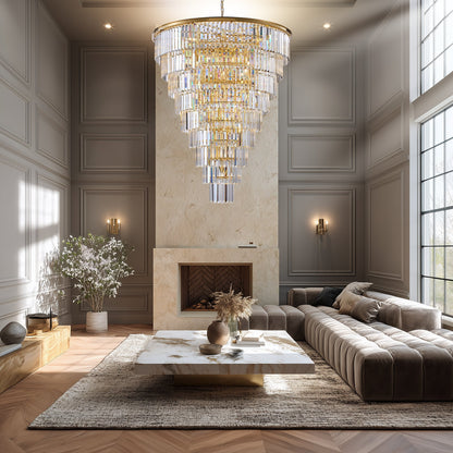 48-Inch Gold Tiered Crystal Tube Chandelier