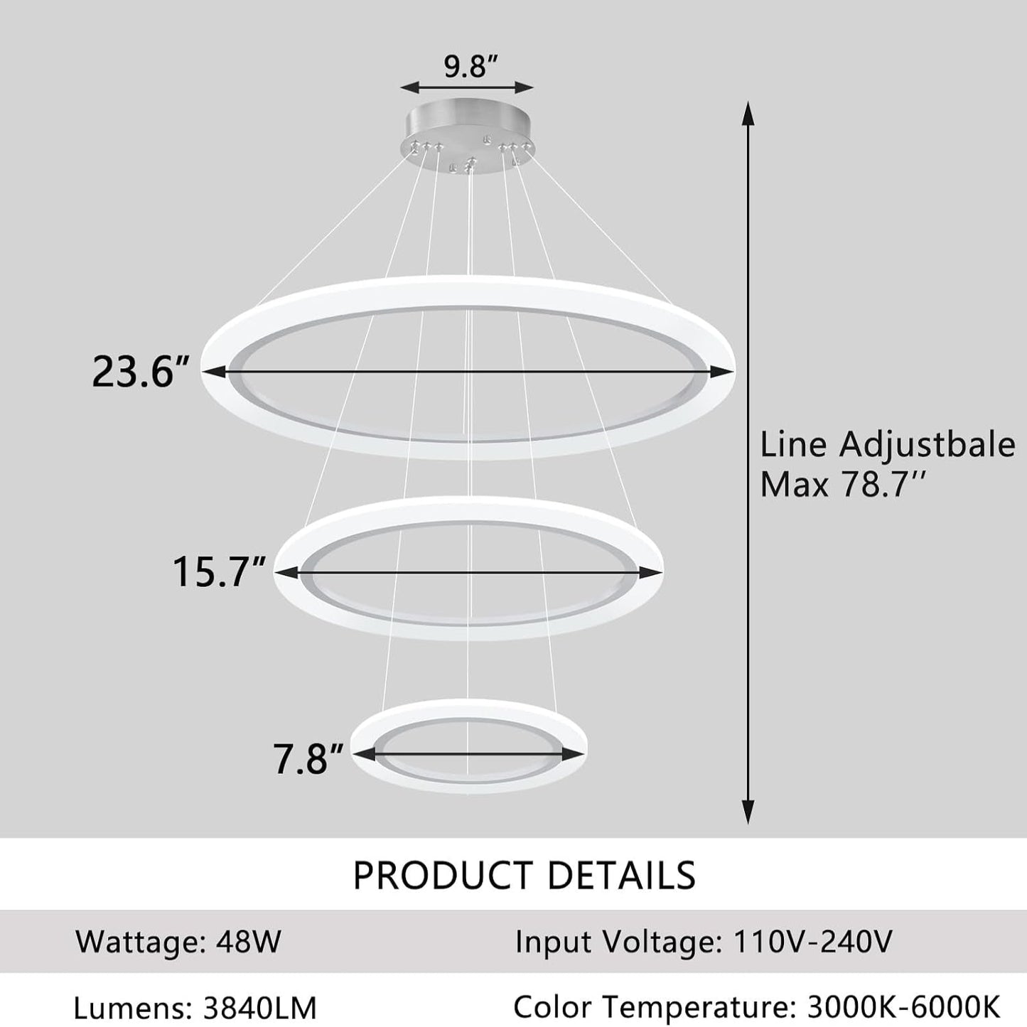 Modern LED Chandelier 3 Ring Chandelier for Dining Room Living Room Pendant Lighting High Ceiling Hanging Light Fixture for Bedroom Foyer Silver