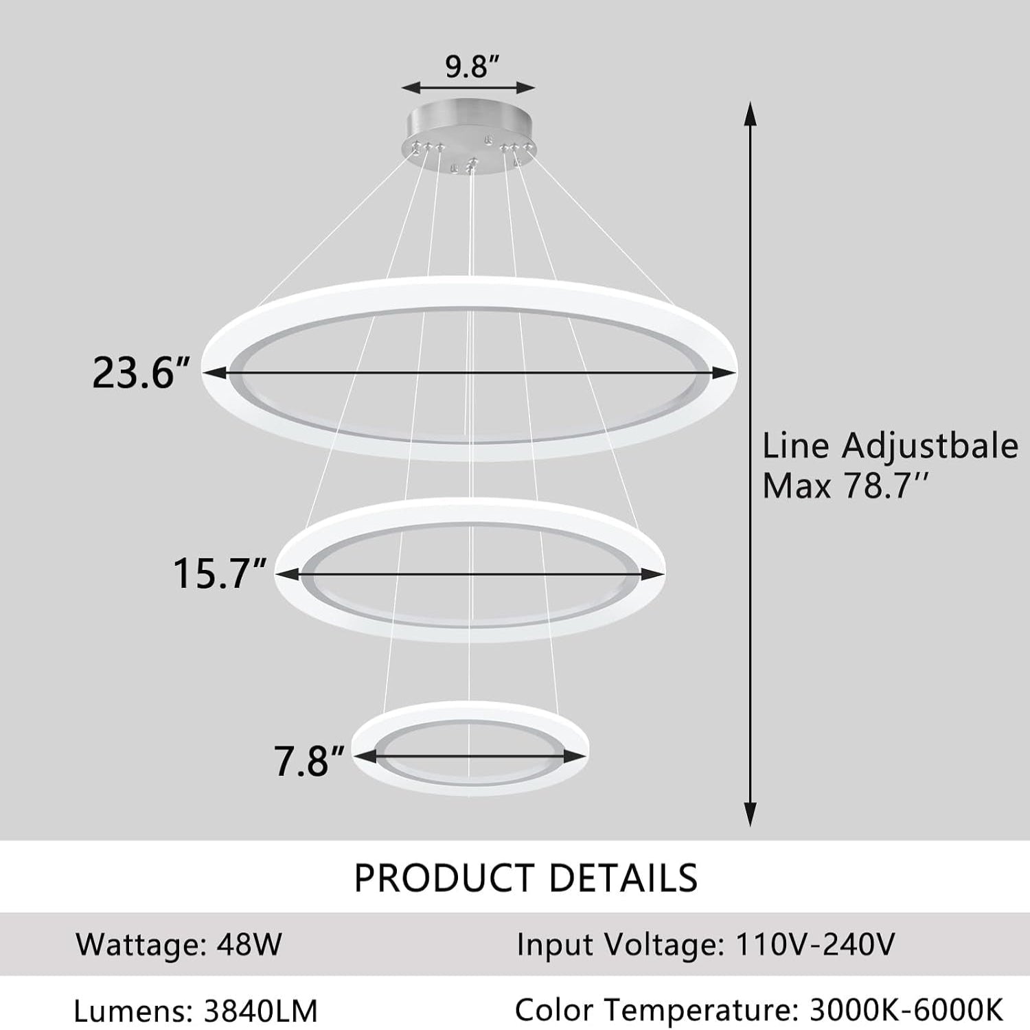 Modern LED Chandelier 3 Ring Chandelier for Dining Room Living Room Pendant Lighting High Ceiling Hanging Light Fixture for Bedroom Foyer Silver