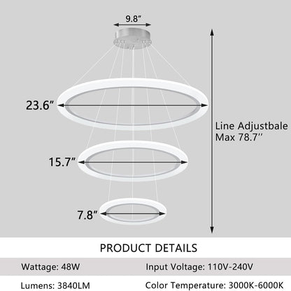 Modern LED Chandelier 3 Ring Chandelier for Dining Room Living Room Pendant Lighting High Ceiling Hanging Light Fixture for Bedroom Foyer Silver