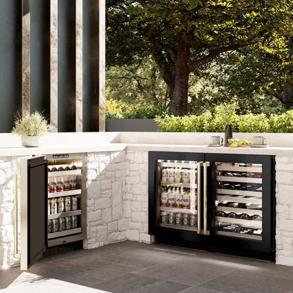 ZLINE 24" Touchstone Dual Zone 44 Bottle Wine Cooler Black Stainless Steel Glass Door Champagne Bronze Handle  RWDOZ-BS-24-CB