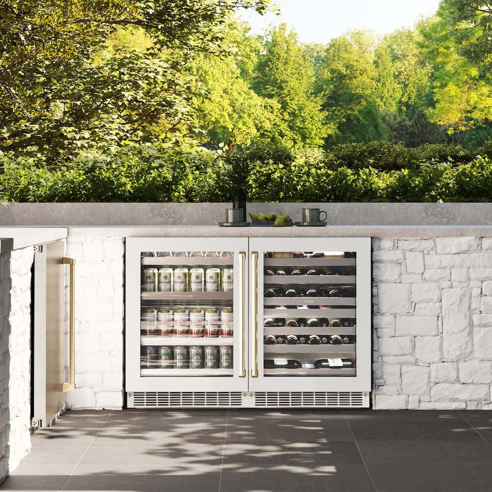 ZLINE 24" Touchstone Dual Zone 44 Bottle Wine Cooler White Matte Glass Door Champagne Bronze Handle RWDOZ-WM-24-CB