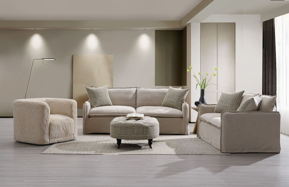 Beige Patterned Linen Sofa with Two Toss Pillows