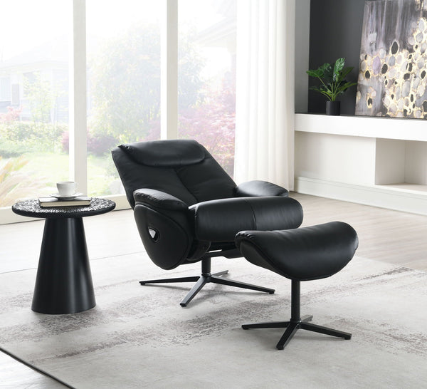Labotina Top Grain Leather Accent Chair With Swivel & Ottoman - Black
