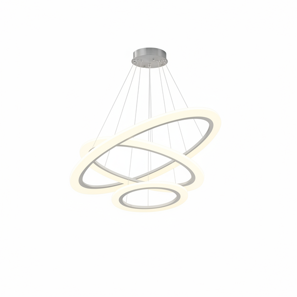 Modern LED Chandelier 3 Ring Chandelier for Dining Room Living Room Pendant Lighting High Ceiling Hanging Light Fixture for Bedroom Foyer Silver