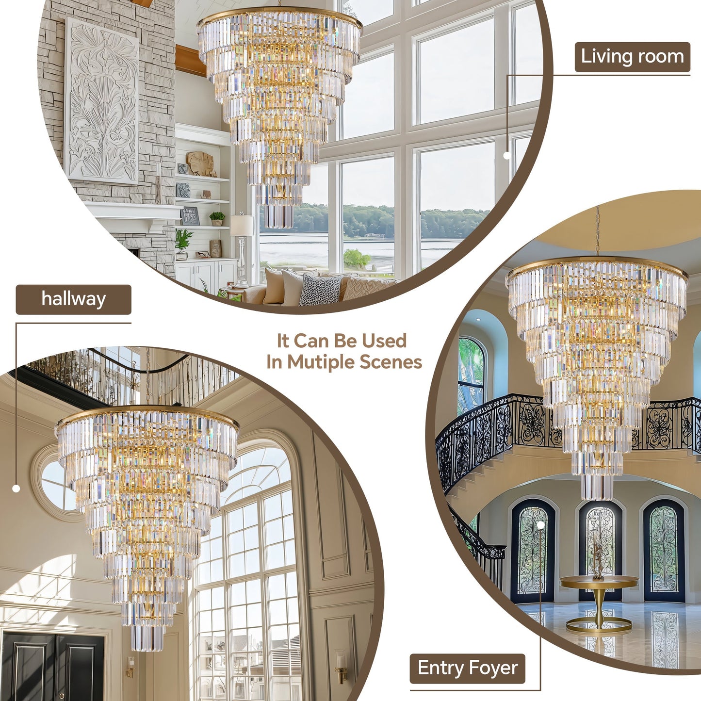 48-Inch Gold Tiered Crystal Tube Chandelier