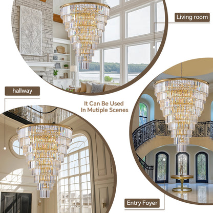 48-Inch Gold Tiered Crystal Tube Chandelier