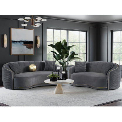 Luxe Upholstered Curved Sofa With Trim And Diamond Quilting - Dark Gray