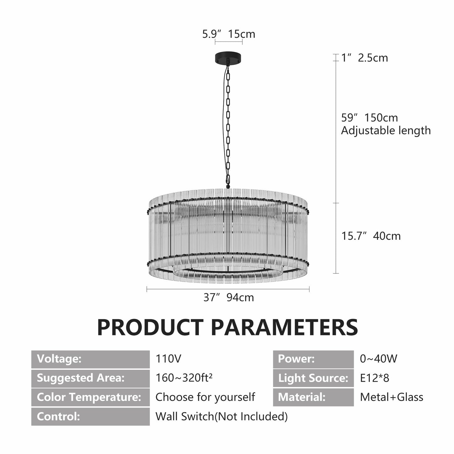 37-Inch Modern Black Round 8-Light Crystal Chandelier