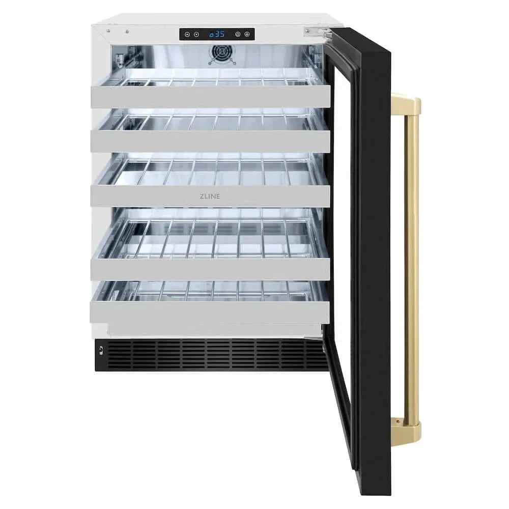 ZLINE 24" Touchstone Dual Zone 44 Bottle Wine Cooler Black Stainless Steel Glass Door Champagne Bronze Handle  RWDOZ-BS-24-CB