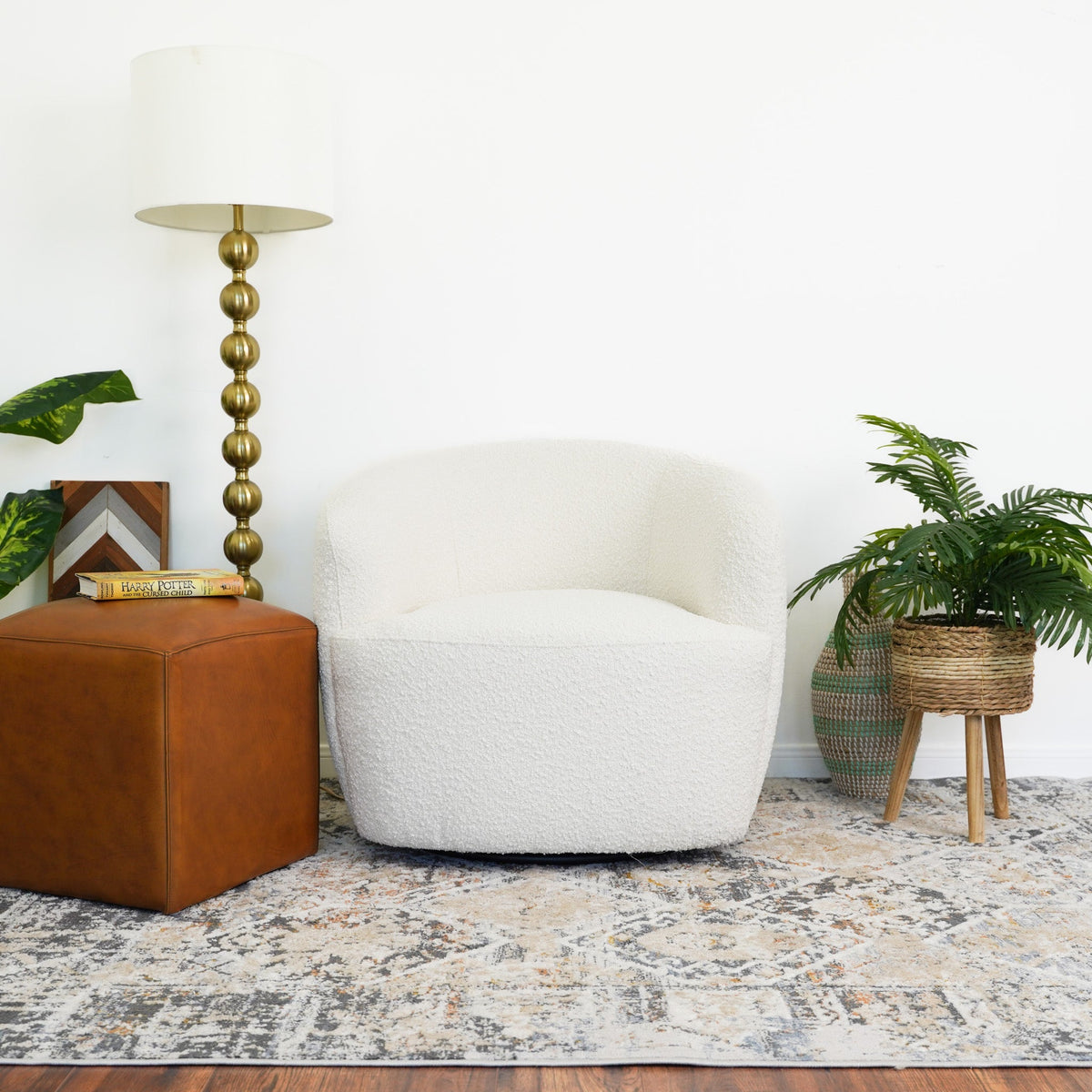 Teddy Boucle Accent Chair with Swivel Base - White