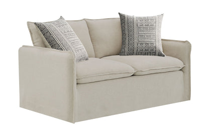 Beige Patterned Linen Sofa with Two Toss Pillows