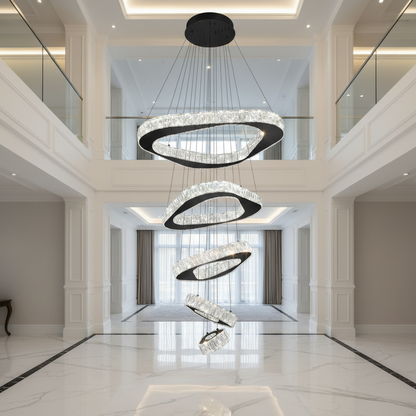 Large Modern Chandelier 5 Ring Chandeliers for High Ceiling Dimmable Black Chandelier High Ceiling Foyer Chandeliers for Living Room Dining Room Staircase