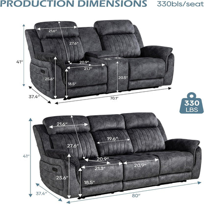 Zero Gravity Reclining Sofa Set, Power Recliner Living Room Set with Adjustable Headrest, Power Reclining Sofa and Loveseat Set with USB Port/Console/Cup Holders for Living Room(Grey)
