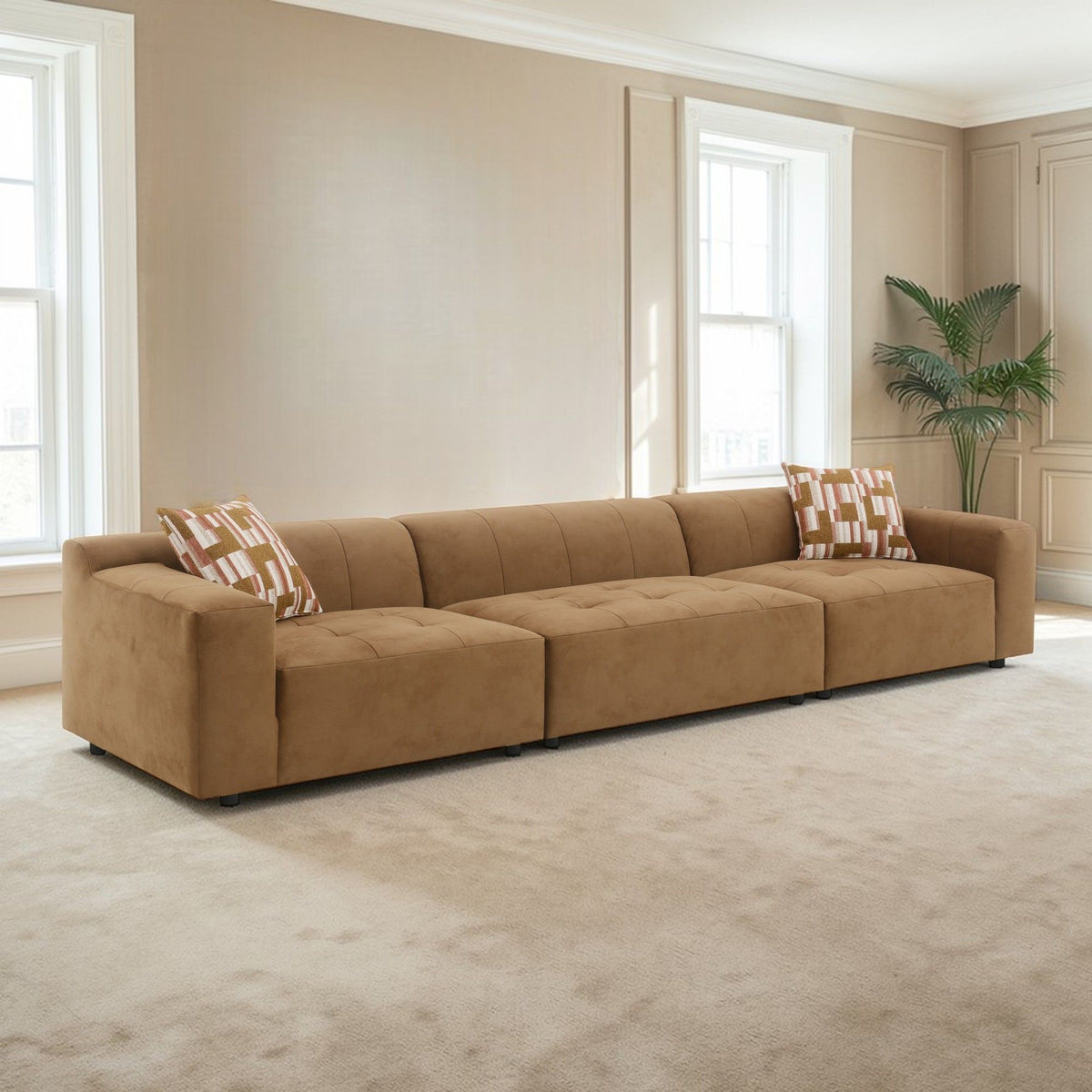 Chocolate Suede-Effect Modular Sectional with Two Toss Pillows