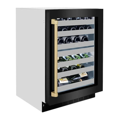 ZLINE 24" Touchstone Dual Zone 44 Bottle Wine Cooler Black Stainless Steel Glass Door Champagne Bronze Handle  RWDOZ-BS-24-CB