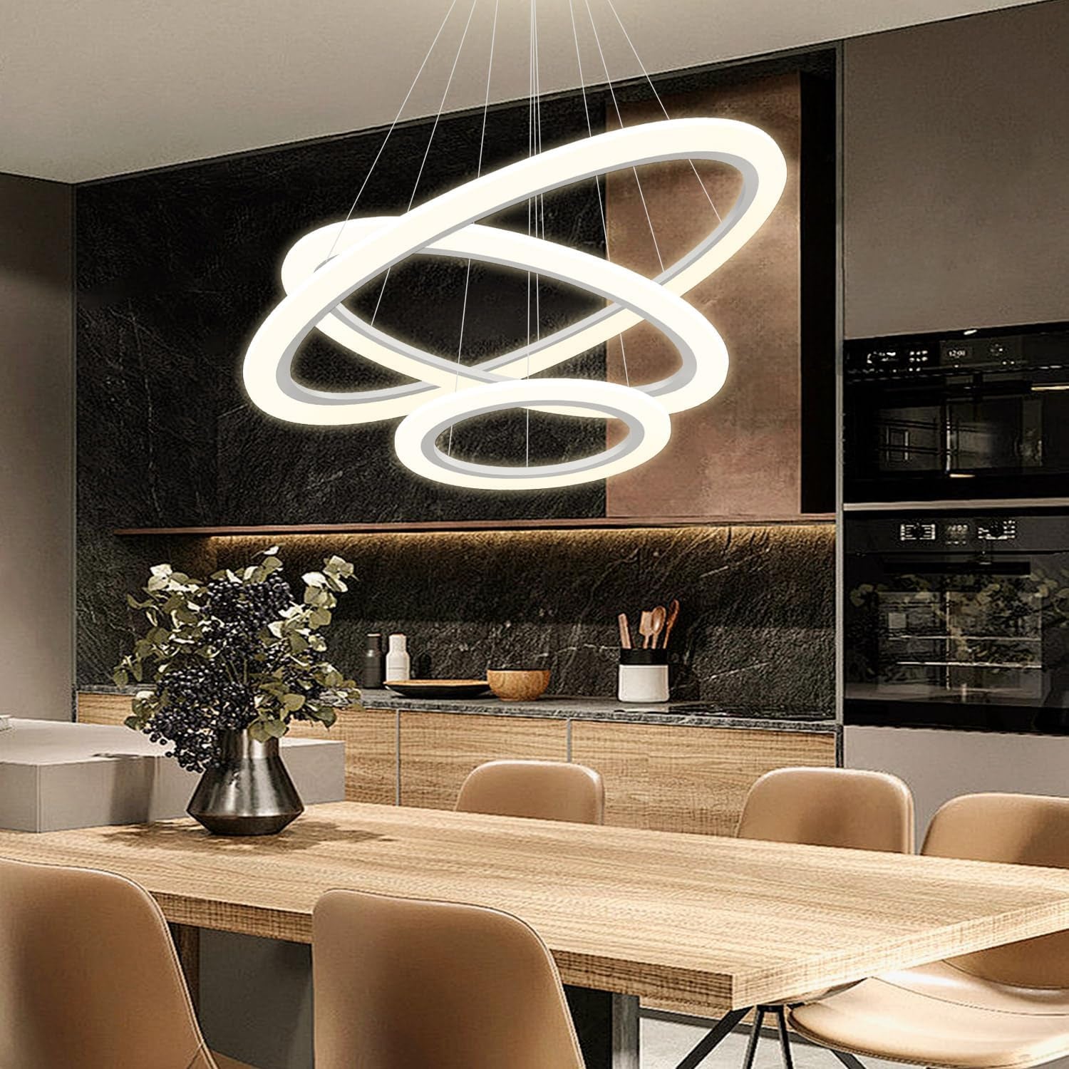 Modern LED Chandelier 3 Ring Chandelier for Dining Room Living Room Pendant Lighting High Ceiling Hanging Light Fixture for Bedroom Foyer Silver