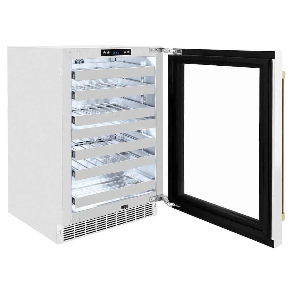 ZLINE 24" Touchstone Dual Zone 44 Bottle Wine Cooler White Matte Glass Door Champagne Bronze Handle RWDOZ-WM-24-CB