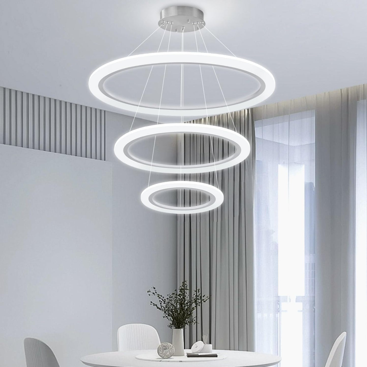 Modern LED Chandelier 3 Ring Chandelier for Dining Room Living Room Pendant Lighting High Ceiling Hanging Light Fixture for Bedroom Foyer Silver