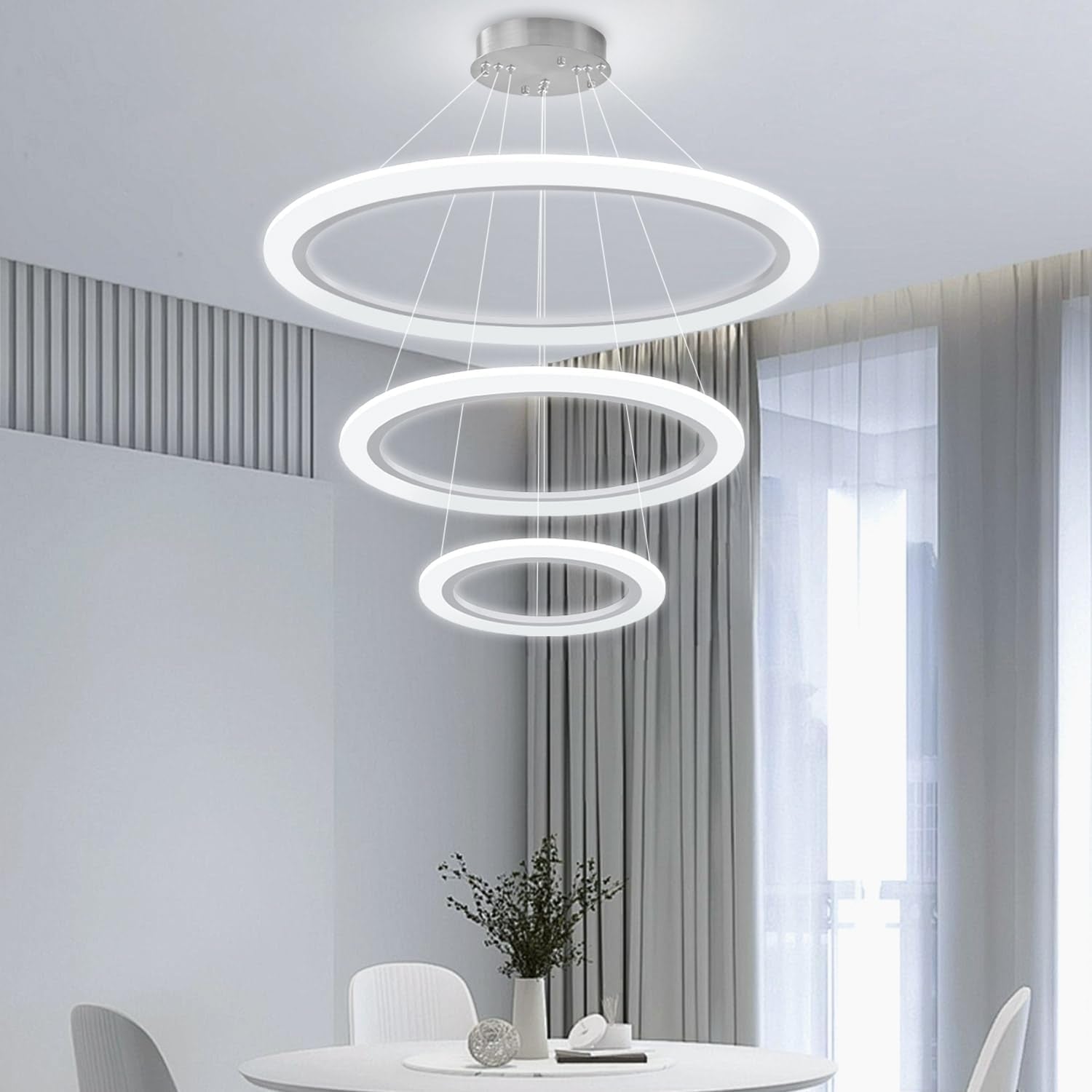 Modern LED Chandelier 3 Ring Chandelier for Dining Room Living Room Pendant Lighting High Ceiling Hanging Light Fixture for Bedroom Foyer Silver