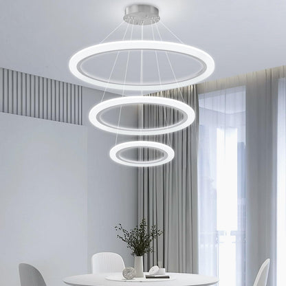 Modern LED Chandelier 3 Ring Chandelier for Dining Room Living Room Pendant Lighting High Ceiling Hanging Light Fixture for Bedroom Foyer Silver