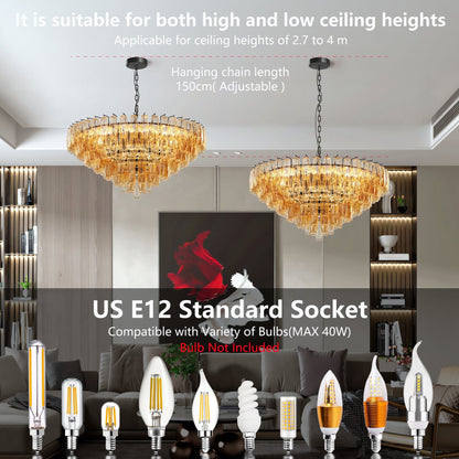 Modern Round 14-Light Black Chandelier with Smoke Glass Tubes