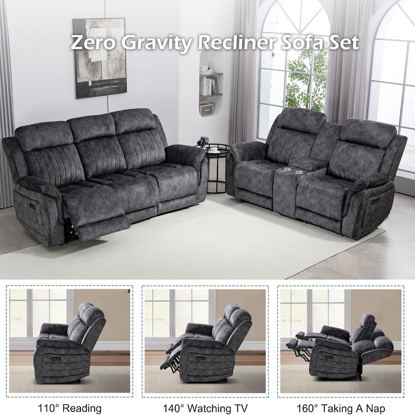 Zero Gravity Reclining Sofa Set, Power Recliner Living Room Set with Adjustable Headrest, Power Reclining Sofa and Loveseat Set with USB Port/Console/Cup Holders for Living Room(Grey)