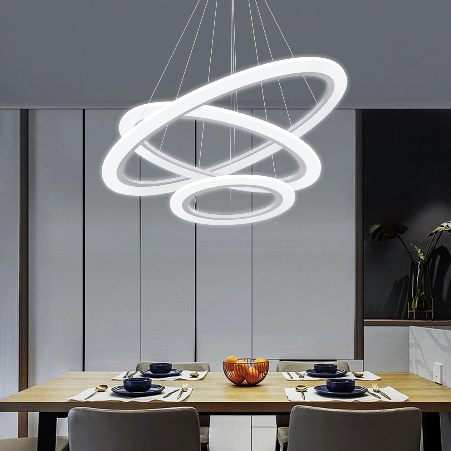 Modern LED Chandelier 3 Ring Chandelier for Dining Room Living Room Pendant Lighting High Ceiling Hanging Light Fixture for Bedroom Foyer Silver