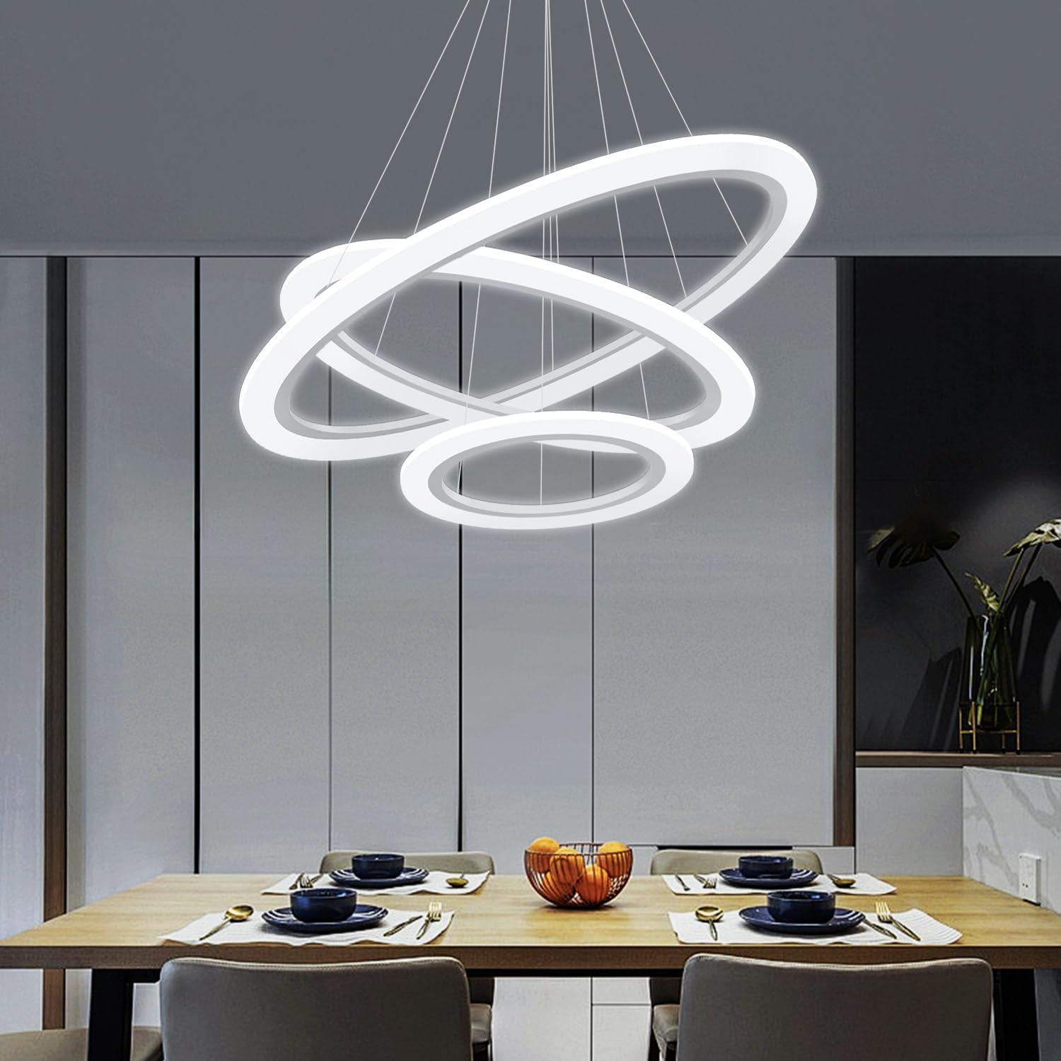 Modern LED Chandelier 3 Ring Chandelier for Dining Room Living Room Pendant Lighting High Ceiling Hanging Light Fixture for Bedroom Foyer Silver