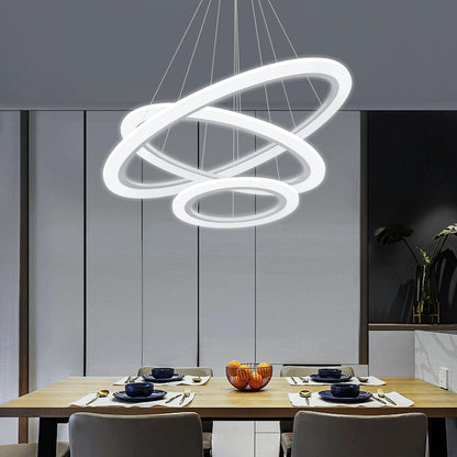 Modern LED Chandelier 3 Ring Chandelier for Dining Room Living Room Pendant Lighting High Ceiling Hanging Light Fixture for Bedroom Foyer Silver