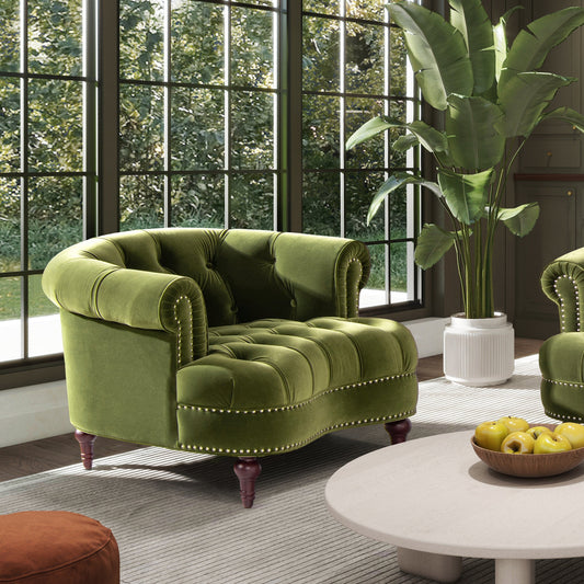 La Rosa Victorian Tufted Upholstered Accent Chair, Olive Green Performance Velvet