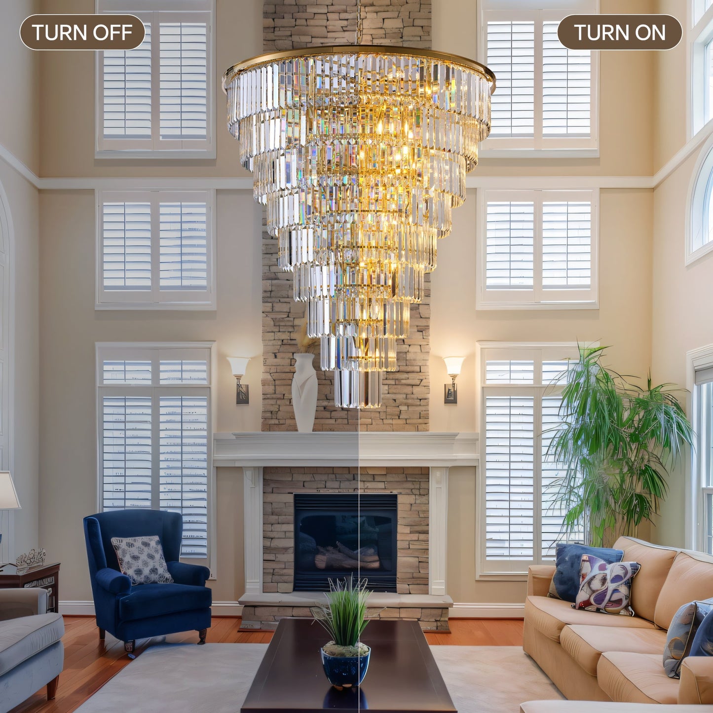 48-Inch Gold Tiered Crystal Tube Chandelier