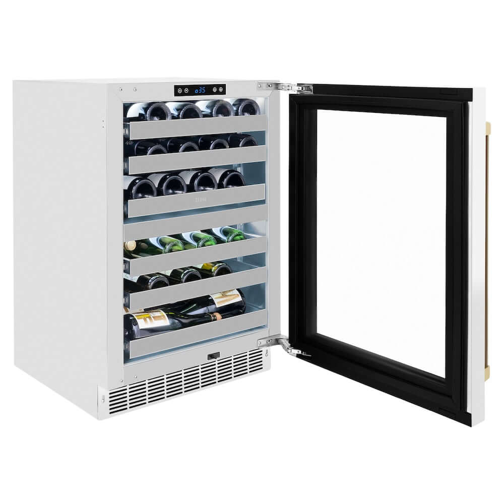 ZLINE 24" Touchstone Dual Zone 44 Bottle Wine Cooler White Matte Glass Door Champagne Bronze Handle RWDOZ-WM-24-CB