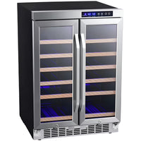 Built-In Dual Zone Wine Cooler Designed for 36 Bottles, French Door Access, Two Temperature Zones, 24 Inch Width