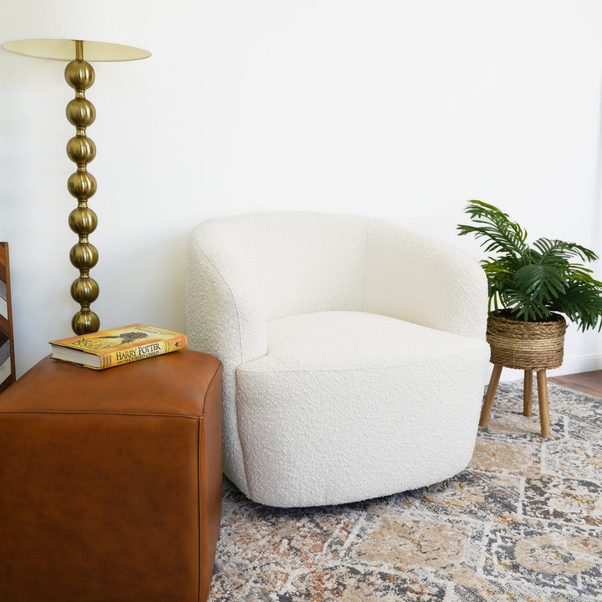 Teddy Boucle Accent Chair with Swivel Base - White